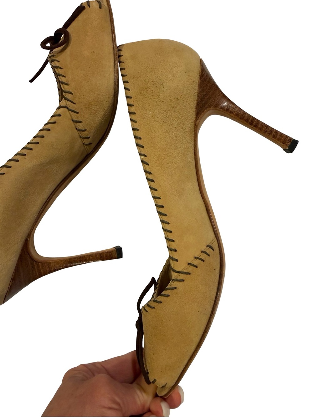 Vintage Manolo Blahnik Suede Peep Toe High Heels Camel 38.5 - Picture 10 of 12